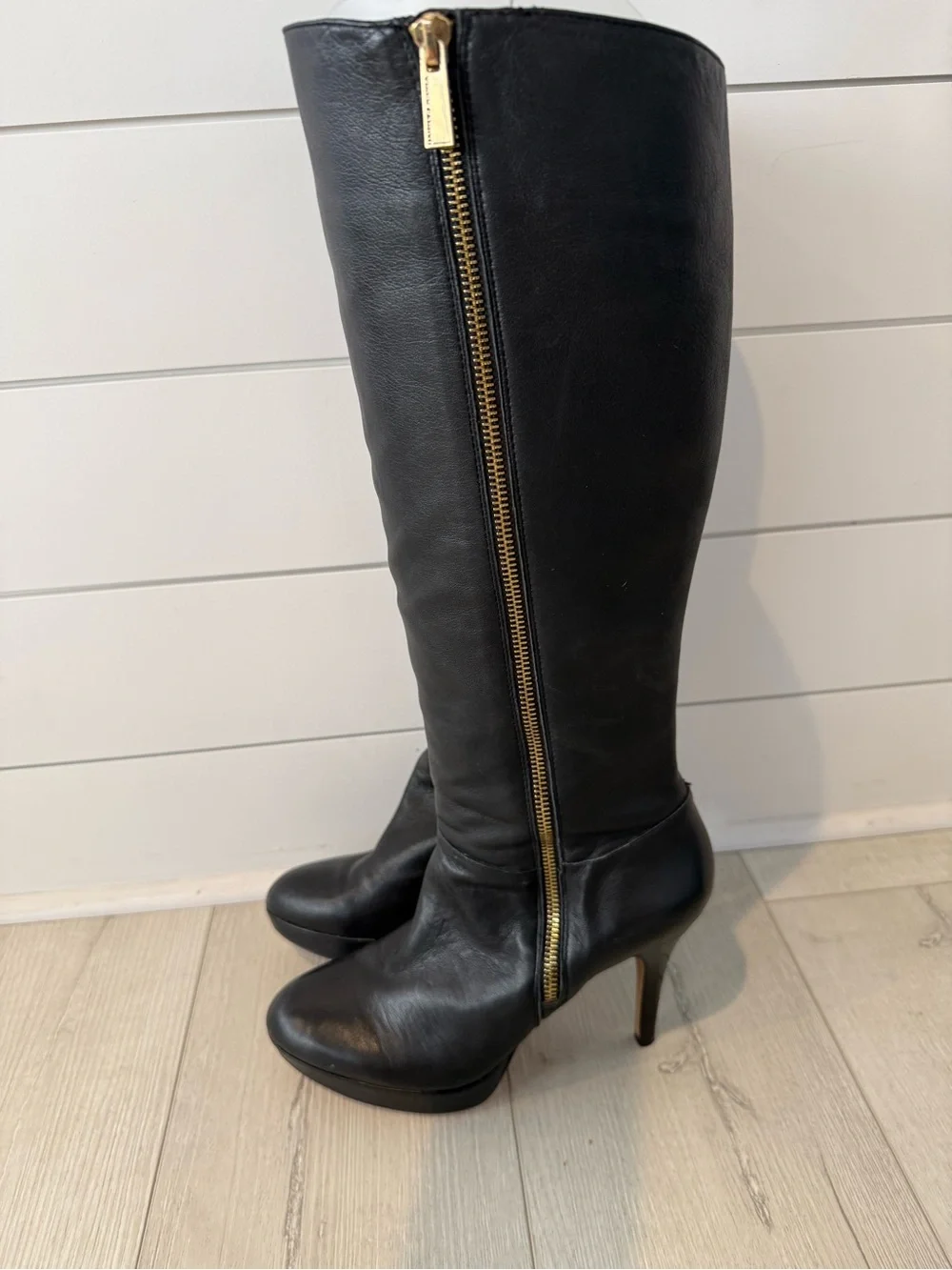 Vince Camuto Black Leather Over-The-Knee Boots with Gold Zipper Pulls